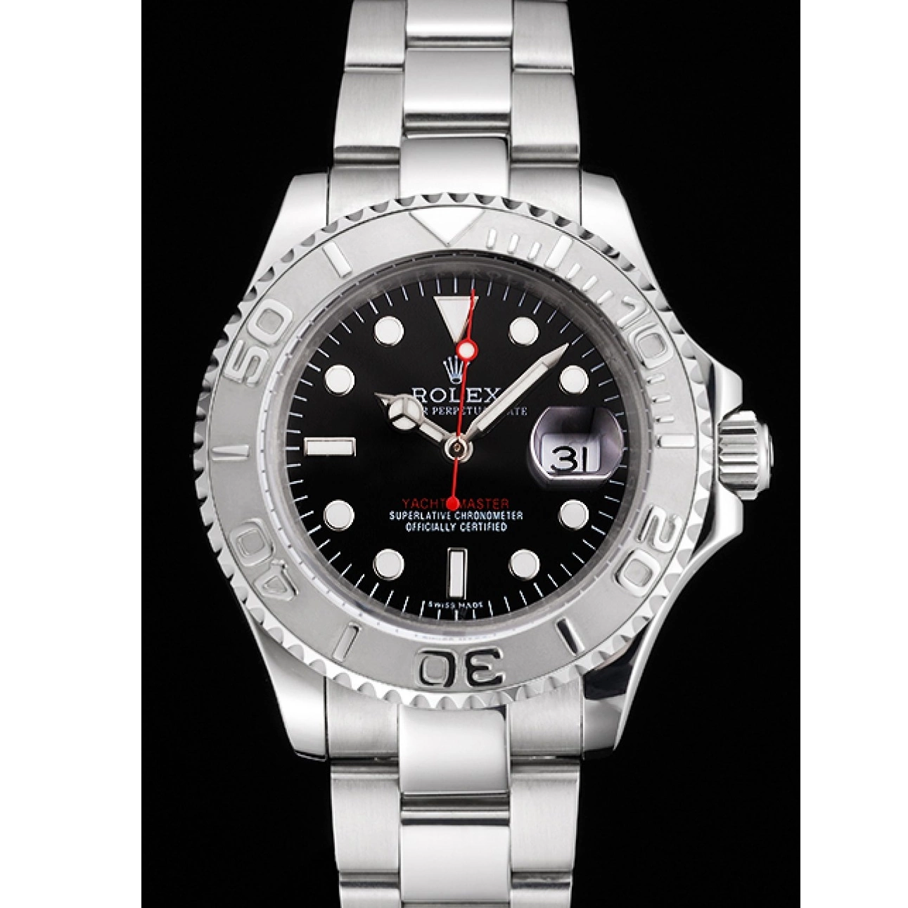 AAA replica watch Case Bracelet Dial Stainless Rolex Black Yacht-Master Swiss Steel And 0628
